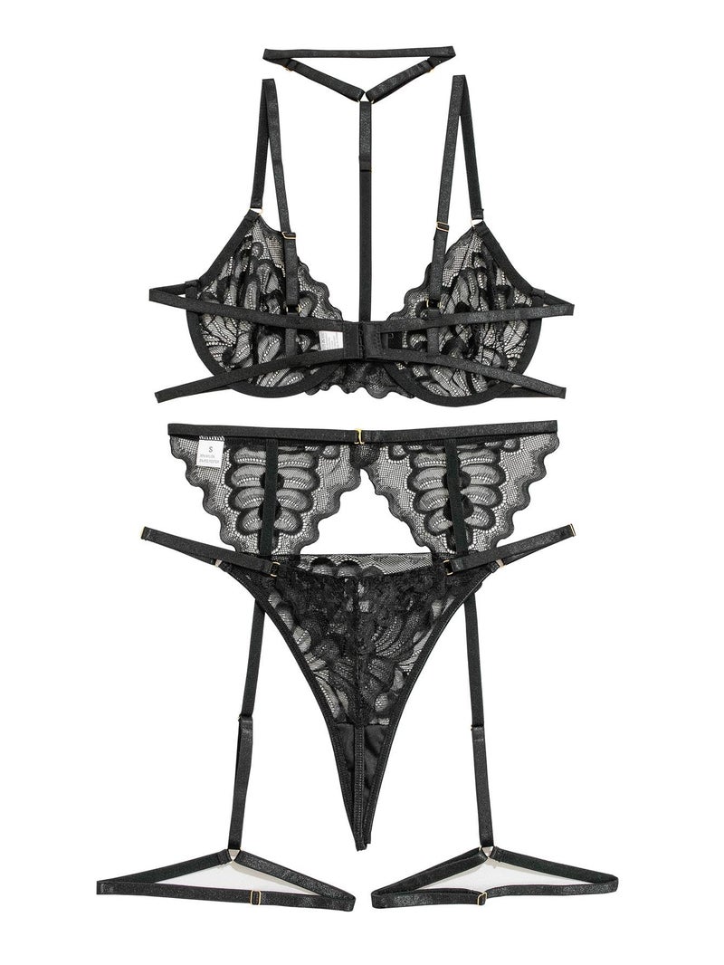 Lilosy Sexy Choker Floral Lace Scallop Sheer Underwire Push Up Garter Belt Lingerie Set 3 Piece for Women See Through Bachelorette Bra and Panty Black Small - Image 4