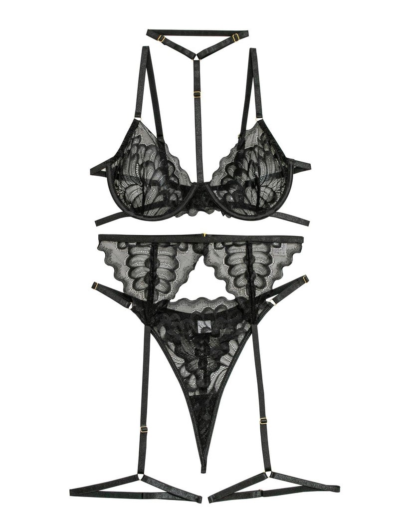 Lilosy Sexy Choker Floral Lace Scallop Sheer Underwire Push Up Garter Belt Lingerie Set 3 Piece for Women See Through Bachelorette Bra and Panty Black Small - Image 3