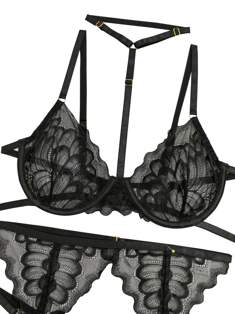Lilosy Sexy Choker Floral Lace Scallop Sheer Underwire Push Up Garter Belt Lingerie Set 3 Piece for Women See Through Bachelorette Bra and Panty Black Small - Image 5