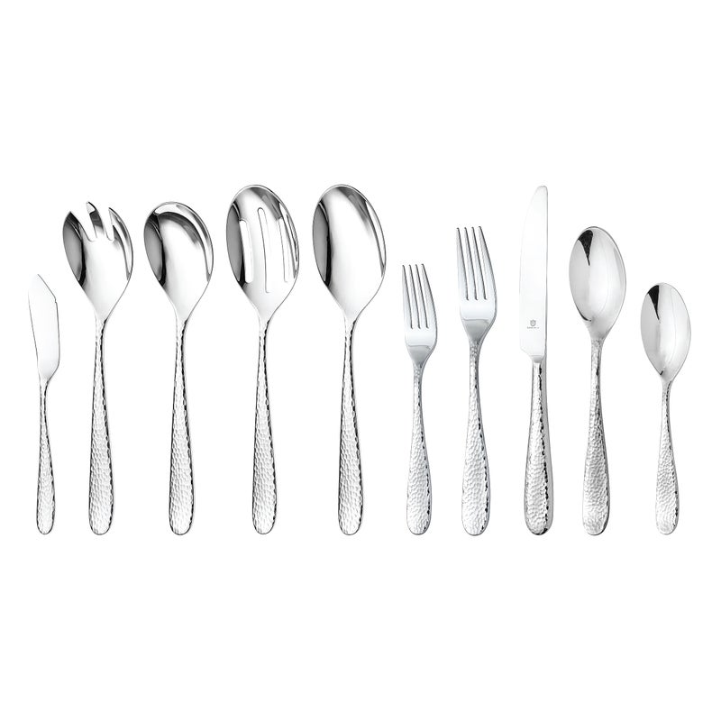 Hammered Silverware Set with Serving Utensils 1810 Stainless Steel Flatware for 8 Dishwasher Safe Mirror Finish HeavyDuty Built to Last 45Piece Including a Serving Set Fidenza Hammered