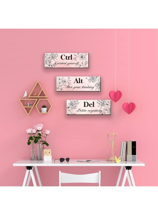 ZINYAZHE 3 Pieces Pink Wall Decor for Girl Floral Wooden Wall Hanging Wall Art Inspirational Office Wall Decor with Positive Quotes Ctrl Alt Del Wall Sign for Teen Girl Women Bedroom Bathroom - Image 2