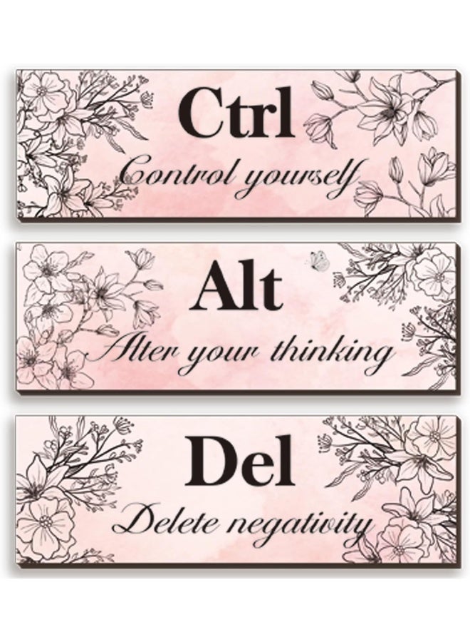 ZINYAZHE 3 Pieces Pink Wall Decor for Girl Floral Wooden Wall Hanging Wall Art Inspirational Office Wall Decor with Positive Quotes Ctrl Alt Del Wall Sign for Teen Girl Women Bedroom Bathroom - Image 1