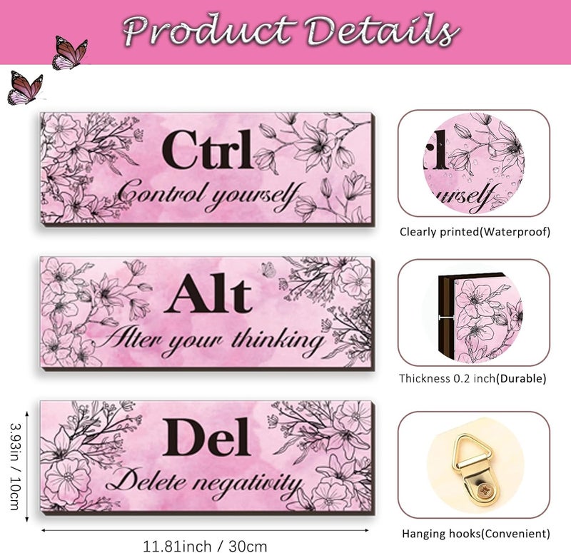 ZINYAZHE 3 Pieces Pink Wall Decor for Girl Floral Wooden Wall Hanging Wall Art Inspirational Office Wall Decor with Positive Quotes Ctrl Alt Del Wall Sign for Teen Girl Women Bedroom Bathroom - Image 3