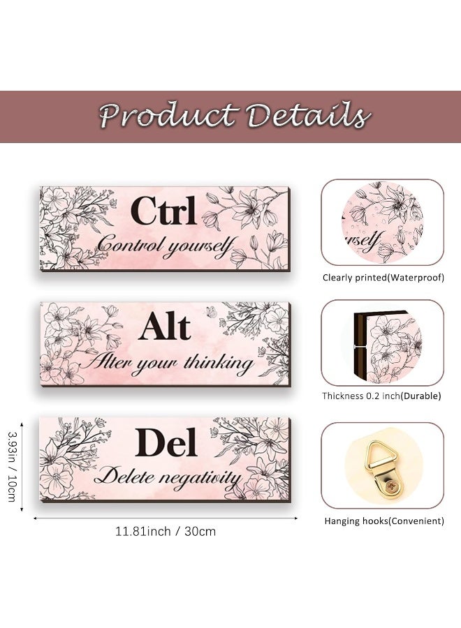 ZINYAZHE 3 Pieces Pink Wall Decor for Girl Floral Wooden Wall Hanging Wall Art Inspirational Office Wall Decor with Positive Quotes Ctrl Alt Del Wall Sign for Teen Girl Women Bedroom Bathroom - Image 4