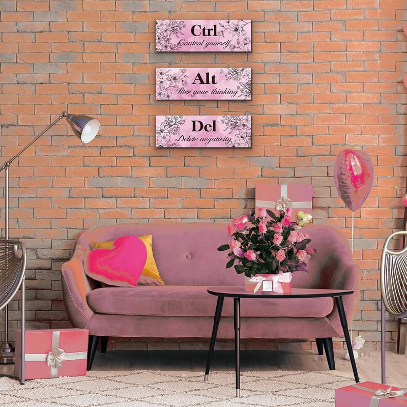 ZINYAZHE 3 Pieces Pink Wall Decor for Girl Floral Wooden Wall Hanging Wall Art Inspirational Office Wall Decor with Positive Quotes Ctrl Alt Del Wall Sign for Teen Girl Women Bedroom Bathroom - Image 5