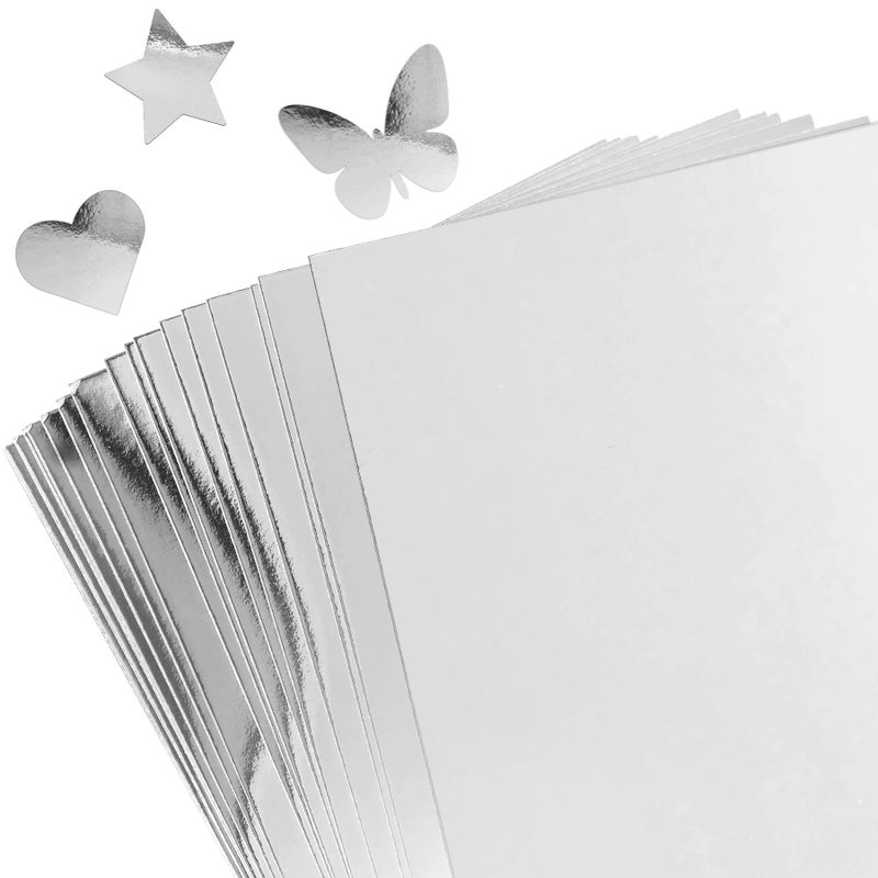 Nufiwra 30 Sheets Metallic Silver Cardstock Paper - A4 Size (250gsm), Mirror Finish Silver Foil Board for Crafting, Invitations, and Decorations - Die Cut and Plotter Compatible - Image 1