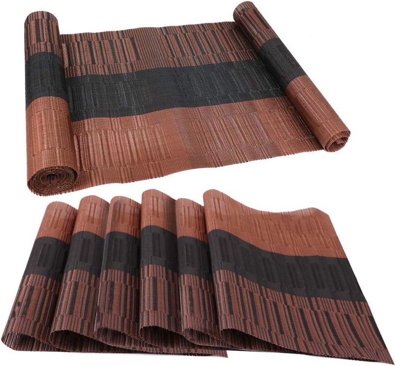 Misuhom Placemats with Table Runner Set Heat Resistant Non Slip MatsCrossweave Woven Vinyl Kitchen Tablemats for Dining Table Parties Farmhouse Thanksgiving Christmas  GatheringBrown  Black - Image 1