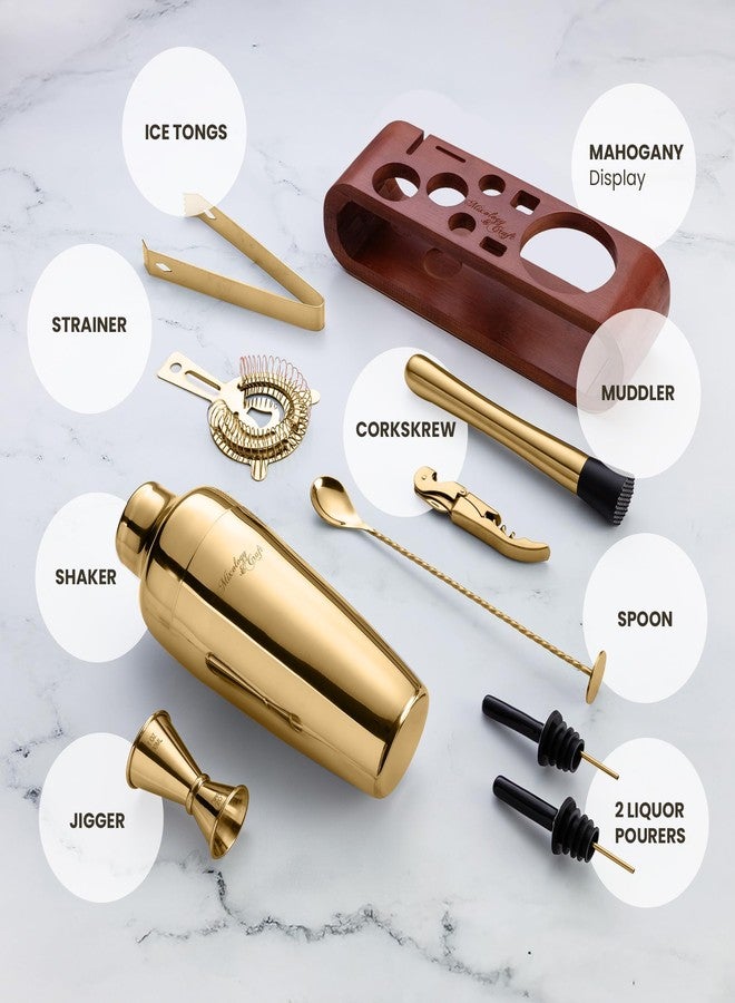 مكسولوجي آند كرافت طقم أدوات تحضير الكوكتيلات والبارمان: طقم خلط كوكتيلات من 10 قطع مع حامل من الخيزران الداكن | طقم بار منزلي متكامل مع ملحقات البار | هدية رائعة للمنزل الجديد | تصميم مانع للتسرب (ذهبي) - Image 2