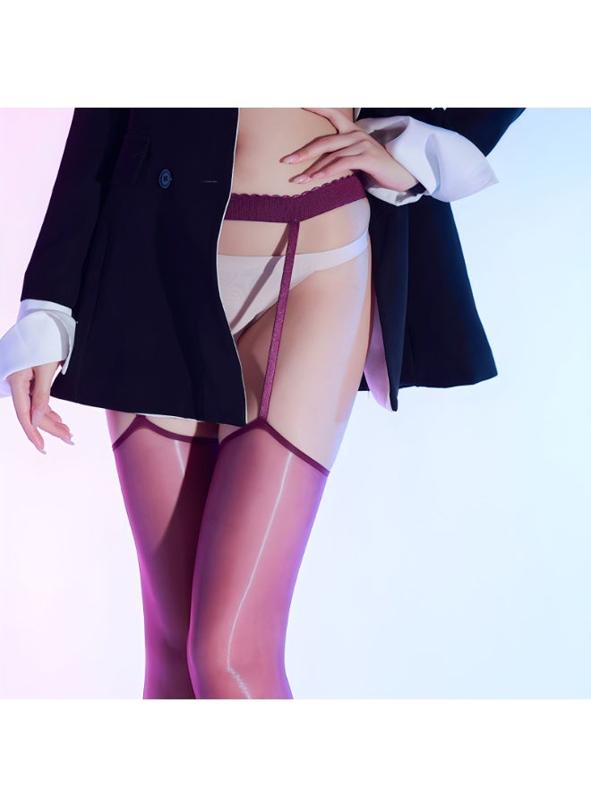 Women's Integrated Garter Belt Thigh High Stockings, Oil Shine Glossy Sheer Hold-Up Socks, Elastic Fits 80-140 lbs,8D - Image 1