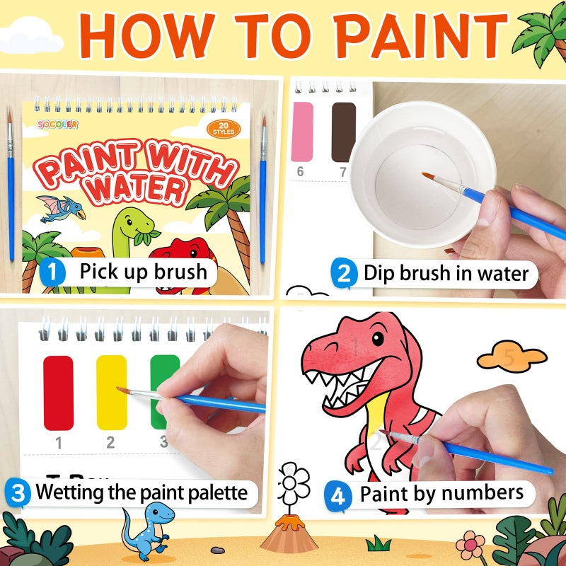 SOCOLER Paint with Water Coloring Books for Toddlers,Mess Free Watercolor Painting Papers for Kids Water Color Paint Kit Art Craft Birthday Gift for Ages 1-3,4-8(Dinosaurs) - Image 3