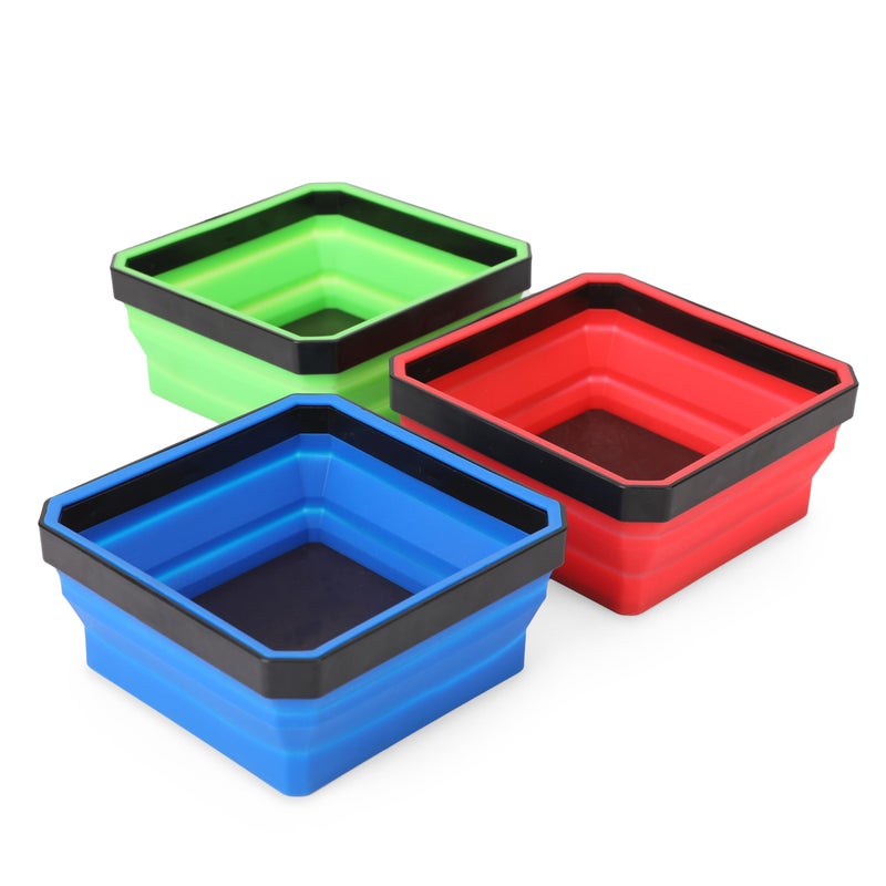 PR1ME Collapsible Magnetic Parts Tray Set Foldable Magnetic Tray 3 Pieces 425 inch Square Silicone Bowls with Magnetic Base Stores and Organizes Small Parts and Tools