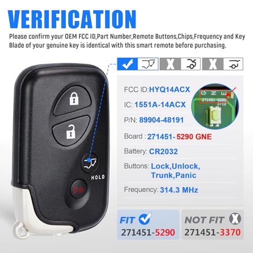 Keymall Smart Key Fob Transmitter Keyless Entry Remote Replacement for Lexus RX350/RX450/GX460/LX570/CT200h 2009-2015 271451-5290GNE Board FCC:HYQ14ACX P/N:89904-48191 4Buttons - Image 2