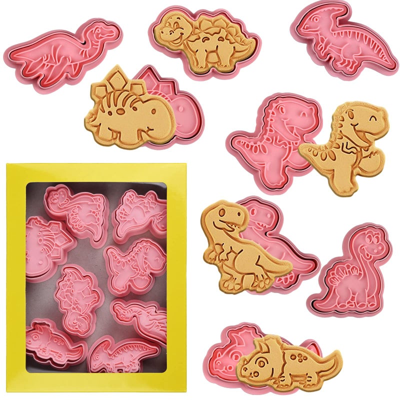 Dinosaur Cookie Cutters With Plunger Stampers Set8 Piece 3D Dinosaur Embossing Cutters For Biscuit Fondant Cheese Baking