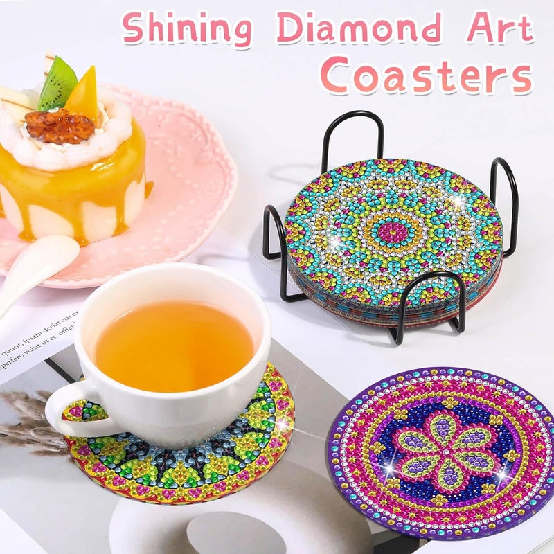 Billbotk Diamond Painting Coasters Kit, 8 Pieces Mandala with Holder, DIY Art for Beginners - Image 2