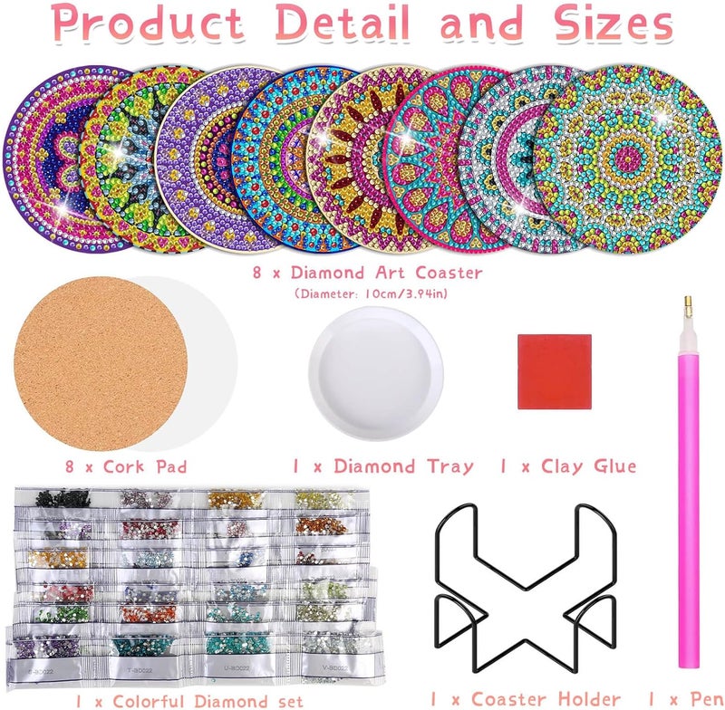 Billbotk Diamond Painting Coasters Kit, 8 Pieces Mandala with Holder, DIY Art for Beginners - Image 3