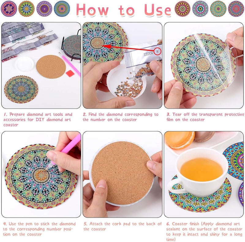 Billbotk Diamond Painting Coasters Kit, 8 Pieces Mandala with Holder, DIY Art for Beginners - Image 5