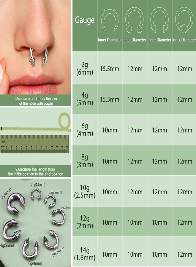 YADOCA Surgical Steel Septum Kit - 2G to 14G Septum Rings, Pincher, Tapers & Gauge, Nose Piercing Jewelry - Silver & Black Tone, Metal, cubic-zirconia - Image 4