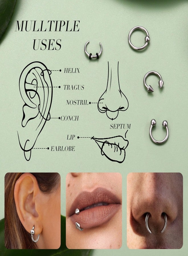 YADOCA Surgical Steel Septum Kit - 2G to 14G Septum Rings, Pincher, Tapers & Gauge, Nose Piercing Jewelry - Silver & Black Tone, Metal, cubic-zirconia - Image 3