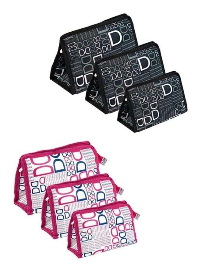 Ankit Traders Classic Printed Set of 6 Multipurpose Transparent Travel Pouch Makeup Toiletry Kit Bag Cosmetic Pouch for Women Makeup Organizer Bag (Black & Pink)