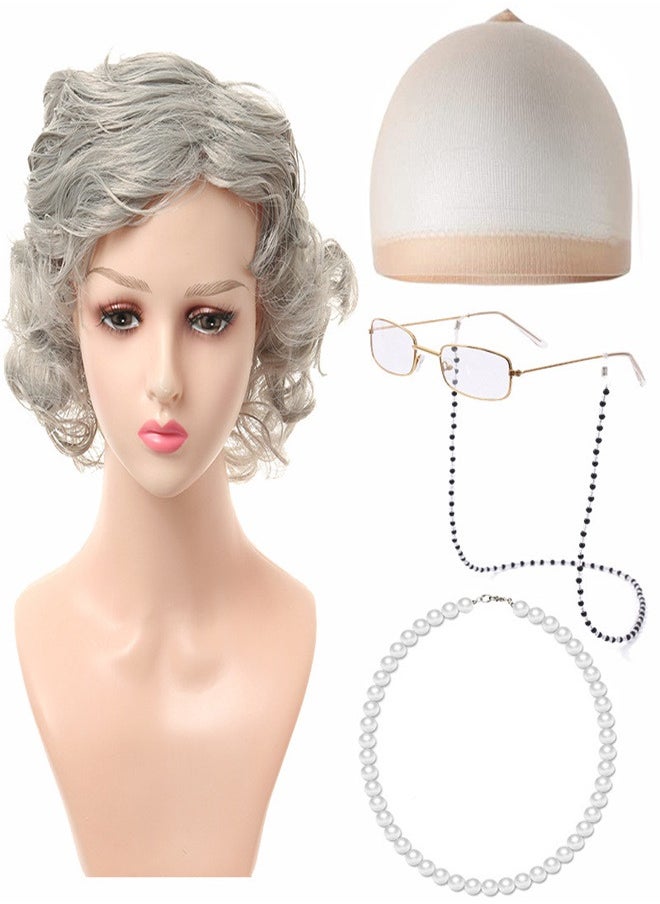 Generic - Old Lady Wig Costume for Women 5 Pieces Kids Old Lady Wig Costume Set Wig with Glasses Chain Pearl Necklace Glasses Wig Caps - Image 1