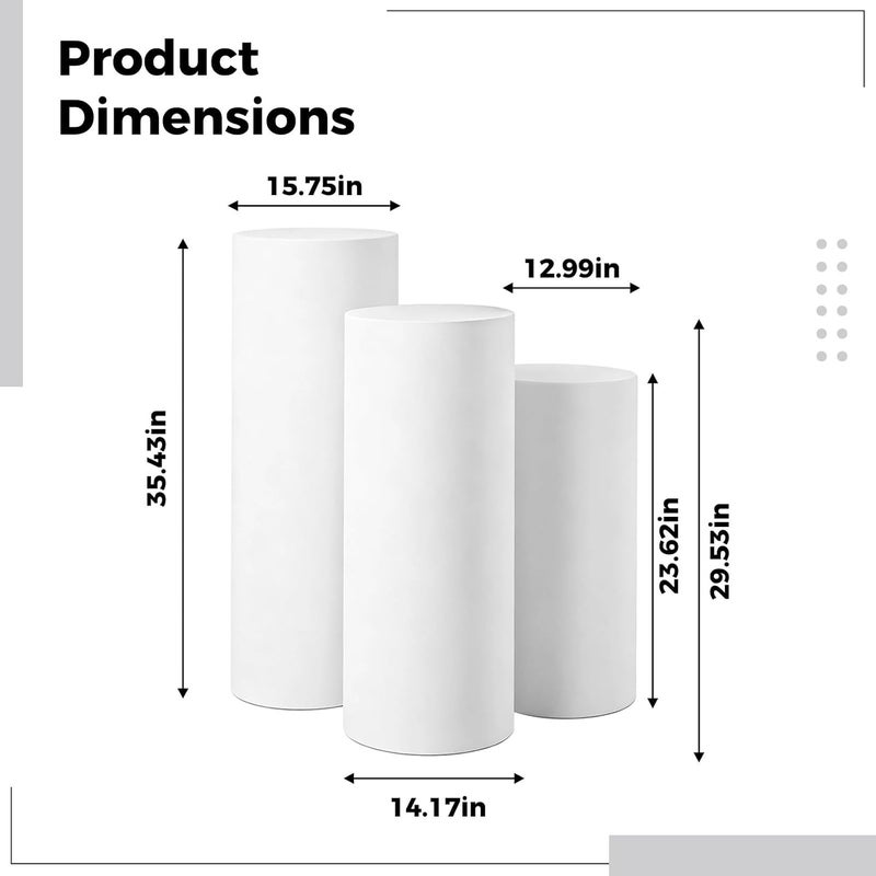 YHomU White Cylinder Pedestal Stand Covers, 3 Pcs Elastic Round Backdrop Covers, Full Coverage, Reusable, for Wedding, Party & Event - Image 3