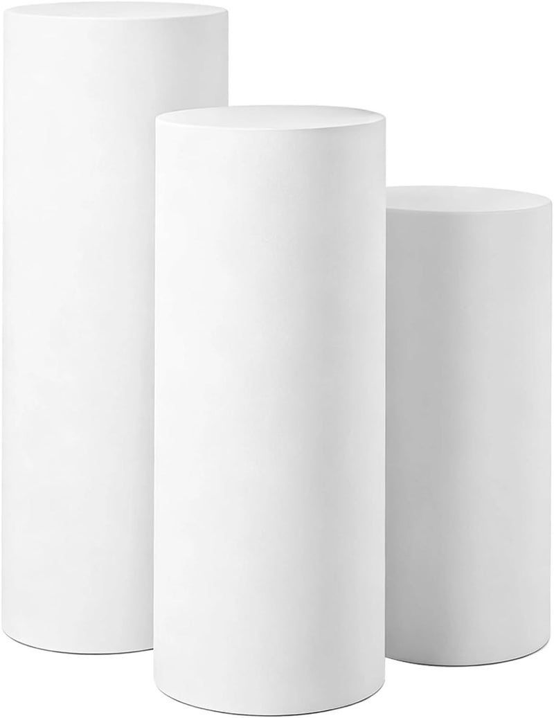 YHomU White Cylinder Pedestal Stand Covers, 3 Pcs Elastic Round Backdrop Covers, Full Coverage, Reusable, for Wedding, Party & Event - Image 1