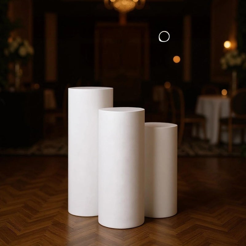 YHomU White Cylinder Pedestal Stand Covers, 3 Pcs Elastic Round Backdrop Covers, Full Coverage, Reusable, for Wedding, Party & Event - Image 4