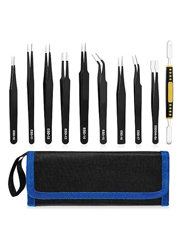 PROMASS 10 PCS Precision Tweezers Set, Premium Craft Tweezers Kit, Stainless Steel Electronic ESD Tweezers, Anti-static Industrial Soldering Tweezers, with Tweezer Storage Bag - Image 1