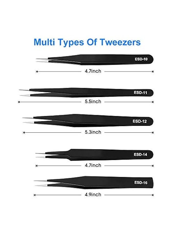 PROMASS 10 PCS Precision Tweezers Set, Premium Craft Tweezers Kit, Stainless Steel Electronic ESD Tweezers, Anti-static Industrial Soldering Tweezers, with Tweezer Storage Bag - Image 2