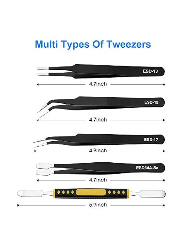 PROMASS 10 PCS Precision Tweezers Set, Premium Craft Tweezers Kit, Stainless Steel Electronic ESD Tweezers, Anti-static Industrial Soldering Tweezers, with Tweezer Storage Bag - Image 3