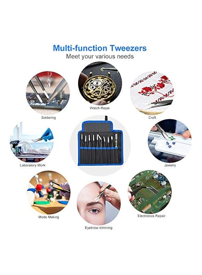 PROMASS 10 PCS Precision Tweezers Set, Premium Craft Tweezers Kit, Stainless Steel Electronic ESD Tweezers, Anti-static Industrial Soldering Tweezers, with Tweezer Storage Bag - Image 5