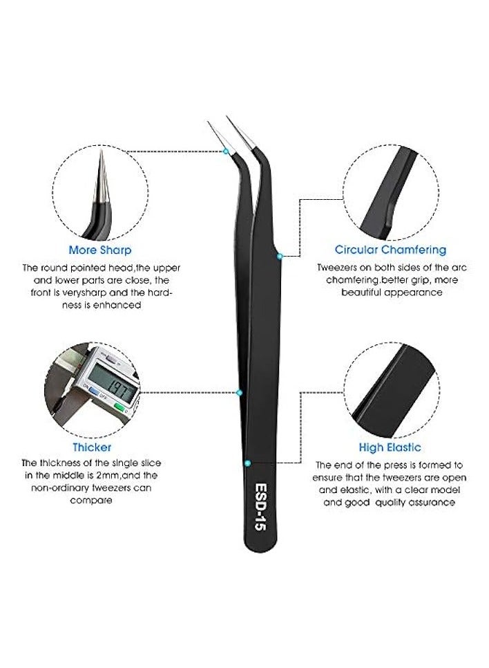 PROMASS 10 PCS Precision Tweezers Set, Premium Craft Tweezers Kit, Stainless Steel Electronic ESD Tweezers, Anti-static Industrial Soldering Tweezers, with Tweezer Storage Bag - Image 4