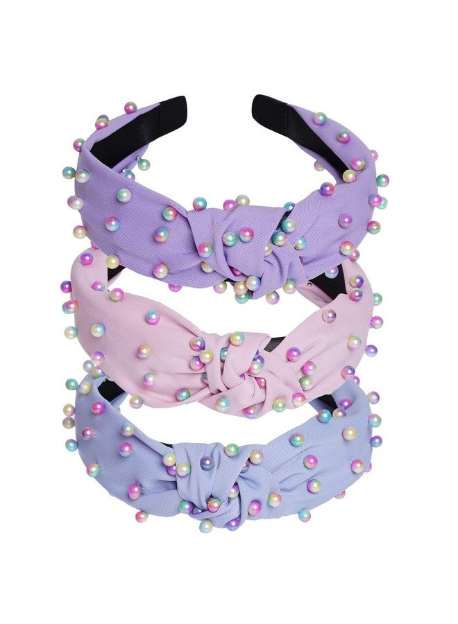 Sucrain 3 Pcs Pearl Knotted Headbands For Women Girls Colorful Jeweled Embellished Gem Faux Pearl Cross Knot Twisted Hairband Turban Headband Hair Accessories(Pinkbluepurple) - Image 1
