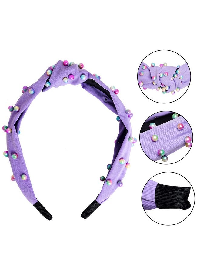Sucrain 3 Pcs Pearl Knotted Headbands For Women Girls Colorful Jeweled Embellished Gem Faux Pearl Cross Knot Twisted Hairband Turban Headband Hair Accessories(Pinkbluepurple) - Image 4