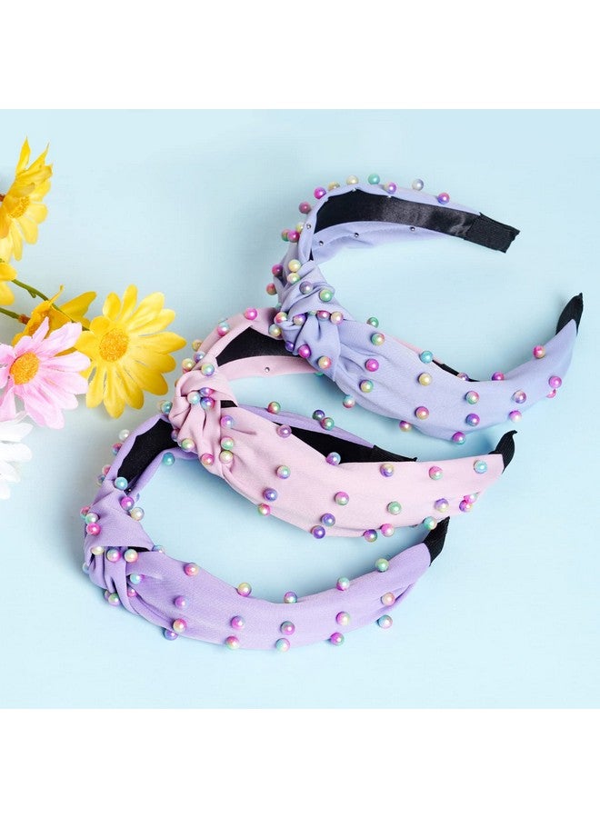 Sucrain 3 Pcs Pearl Knotted Headbands For Women Girls Colorful Jeweled Embellished Gem Faux Pearl Cross Knot Twisted Hairband Turban Headband Hair Accessories(Pinkbluepurple) - Image 5
