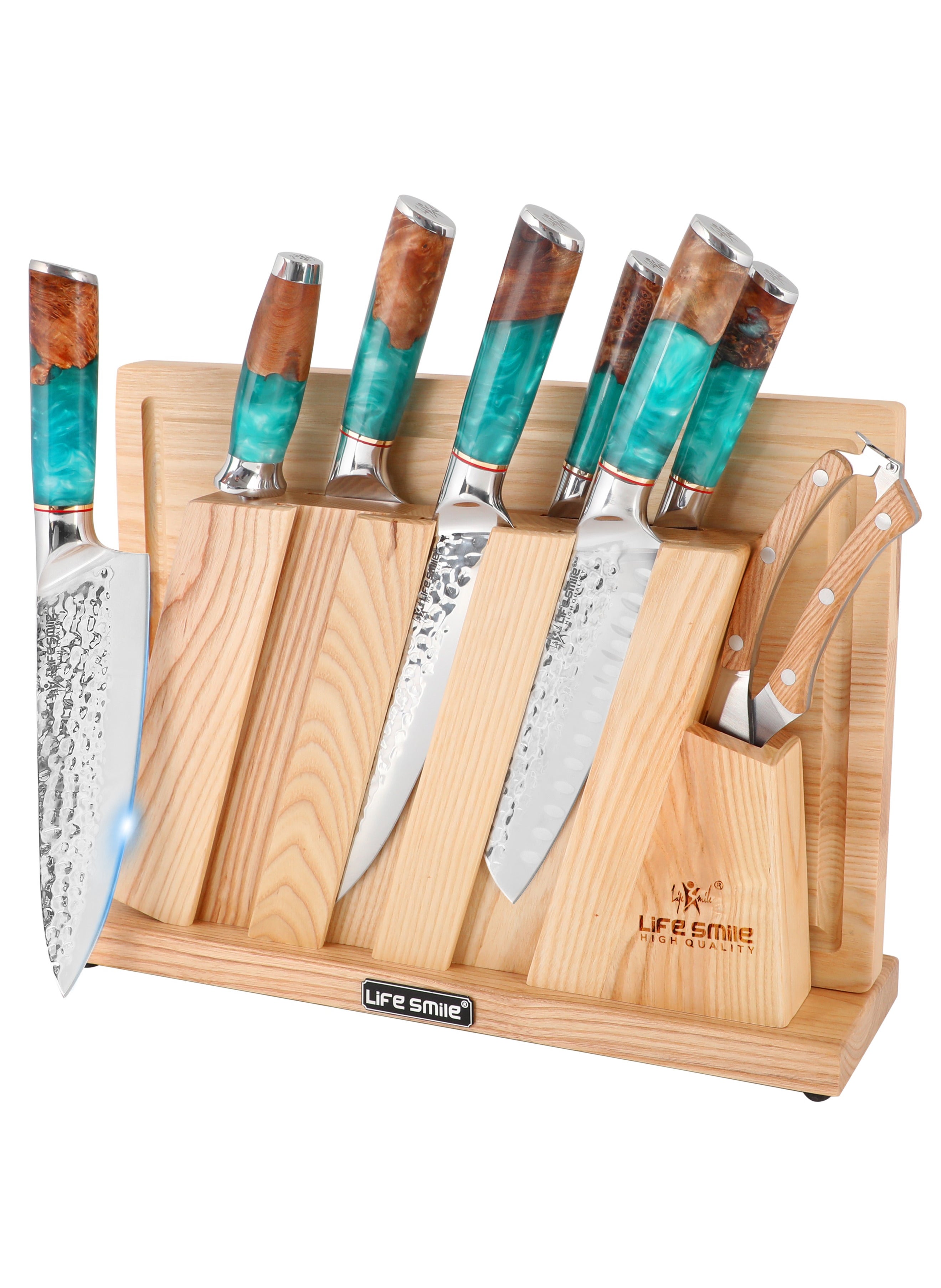 Life Smile LIFE SMILE 10-Piece Damascus Knife Block Set - Chef Knife Set - Damascus Steel Blades, Set Includes Cleaver, Chef, Santoku, Slicer, Utility Knife, Paring Knife and Kitchen Scissor. Ultra Sharp and Long lasting 