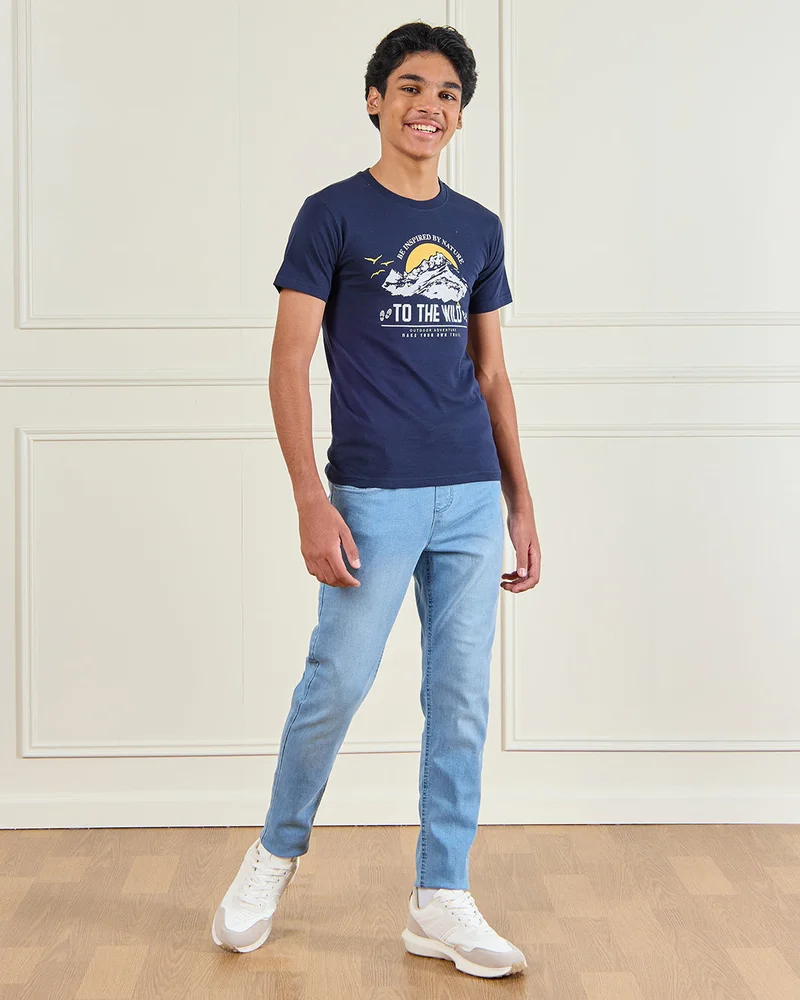 REDTAG Senior Boys Blue Slim Fit Pull-On Jeans