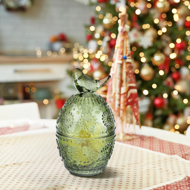 Joeyan Jeoyan Christmas Glass Candy Dish with Bird Lid,Green Decorative Storage Jar,Embossed Apothecary Jewelry Box with Sunflower Pattern,Colored Cookies Containers for Kitchen Bathroom Buffet - Image 5