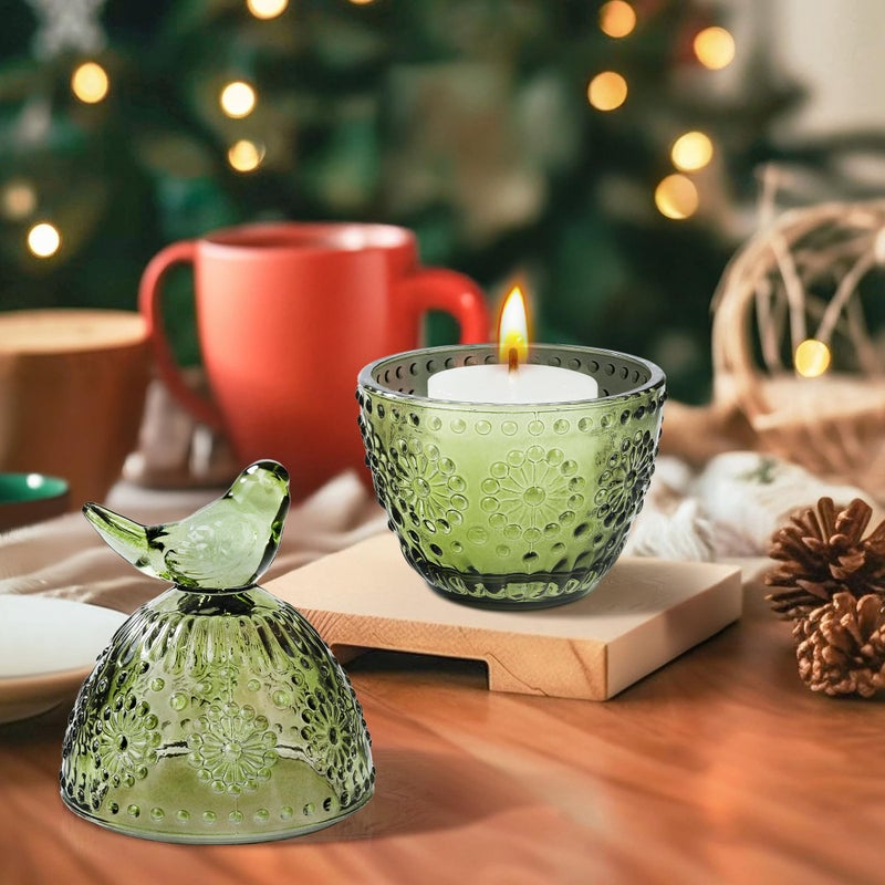 Joeyan Jeoyan Christmas Glass Candy Dish with Bird Lid,Green Decorative Storage Jar,Embossed Apothecary Jewelry Box with Sunflower Pattern,Colored Cookies Containers for Kitchen Bathroom Buffet - Image 4
