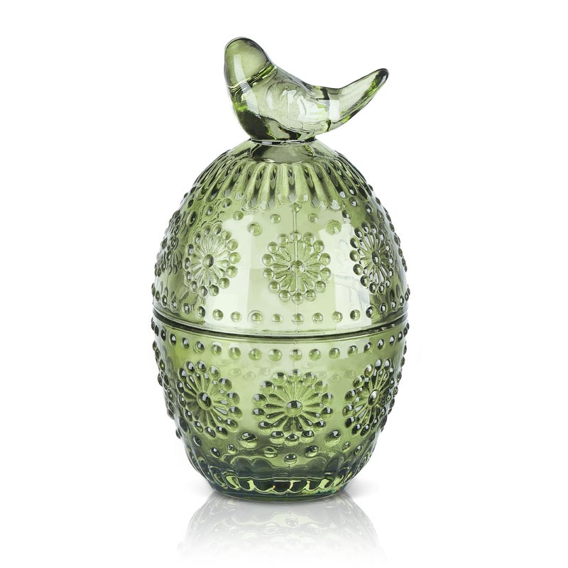 Joeyan Jeoyan Christmas Glass Candy Dish with Bird Lid,Green Decorative Storage Jar,Embossed Apothecary Jewelry Box with Sunflower Pattern,Colored Cookies Containers for Kitchen Bathroom Buffet - Image 1