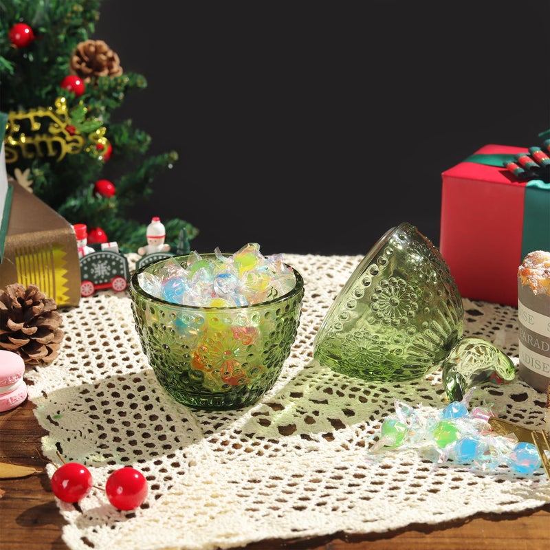Joeyan Jeoyan Christmas Glass Candy Dish with Bird Lid,Green Decorative Storage Jar,Embossed Apothecary Jewelry Box with Sunflower Pattern,Colored Cookies Containers for Kitchen Bathroom Buffet - Image 2