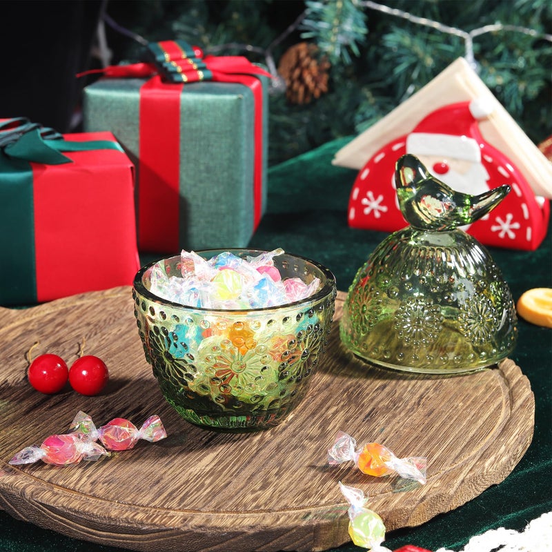 Joeyan Jeoyan Christmas Glass Candy Dish with Bird Lid,Green Decorative Storage Jar,Embossed Apothecary Jewelry Box with Sunflower Pattern,Colored Cookies Containers for Kitchen Bathroom Buffet - Image 3