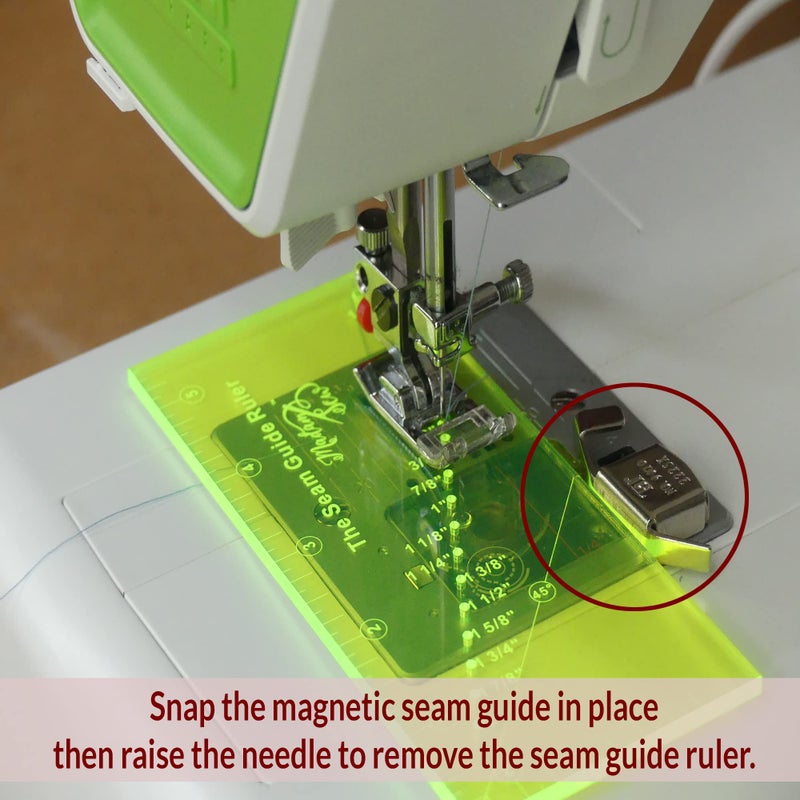 Madam Sew Madam Sew Seam Allowance Ruler and Magnetic Seam Guide for Sewing Machine | Perforated Seam Gauge for Perfect 1/8” to 2” Straight Line Hems | Includes 1/4” Pivot Point and 45 Degree Trim Line  - Image 4