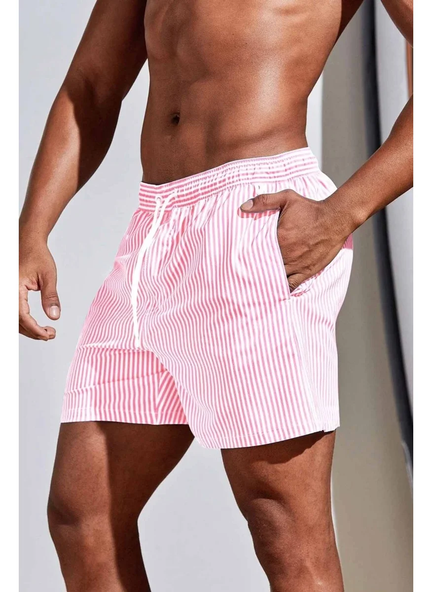 انجلسين Men's Basic Standard Size Thin Striped Printed Swimsuit with Pocket Swim Shorts