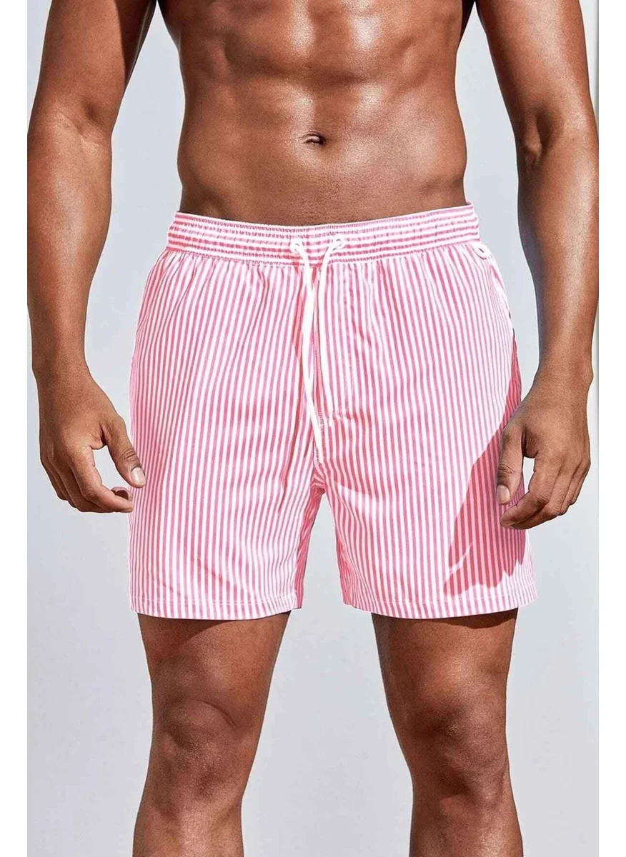 Angelsin Men's Basic Standard Size Thin Striped Printed Swimsuit with Pocket Swim Shorts