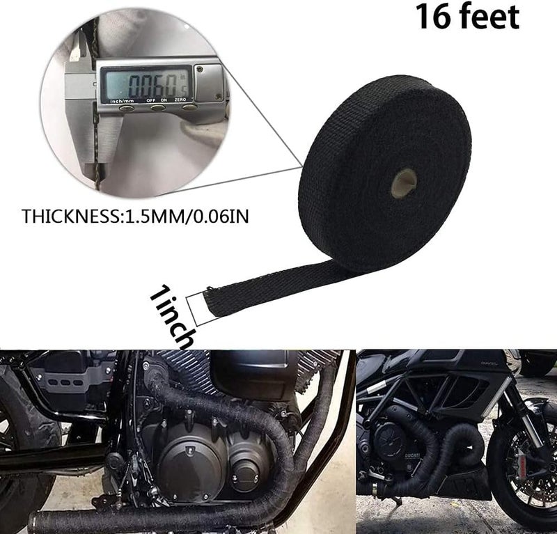 PACEWALKER Exhaust Wrap Black 1" x 16' Roll for Motorcycle Fiberglass Heat Shield Tape with 4PC Stainless Ties (black) - Image 2