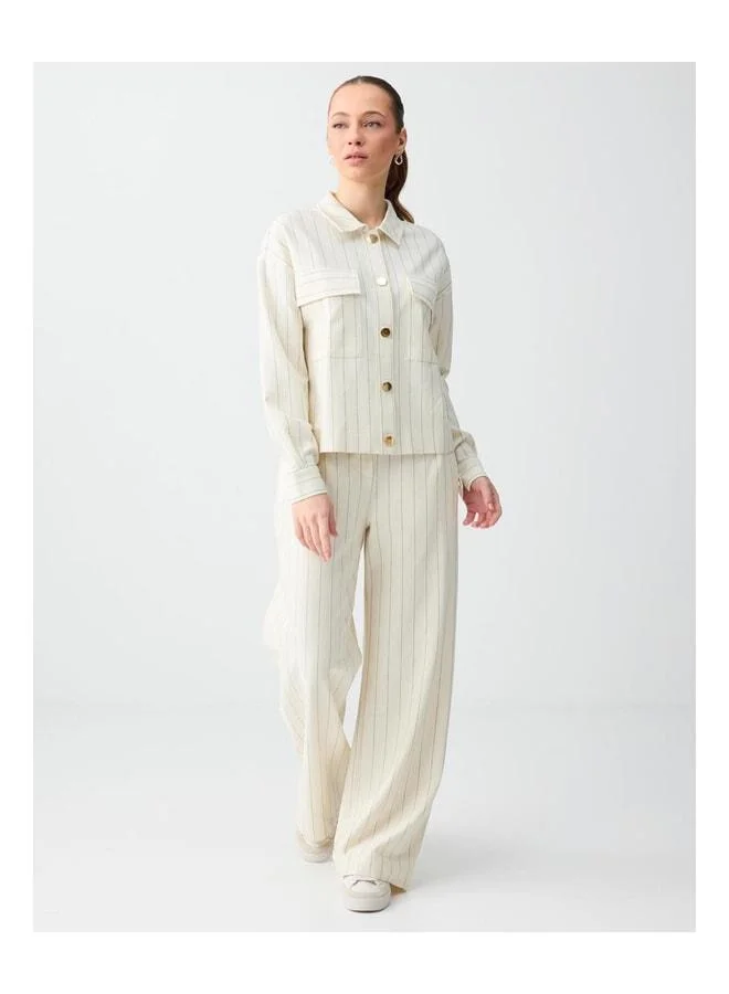 Jimmy Key Ecru Striped Pattern Shiny Button Detailed Knit Jacket.