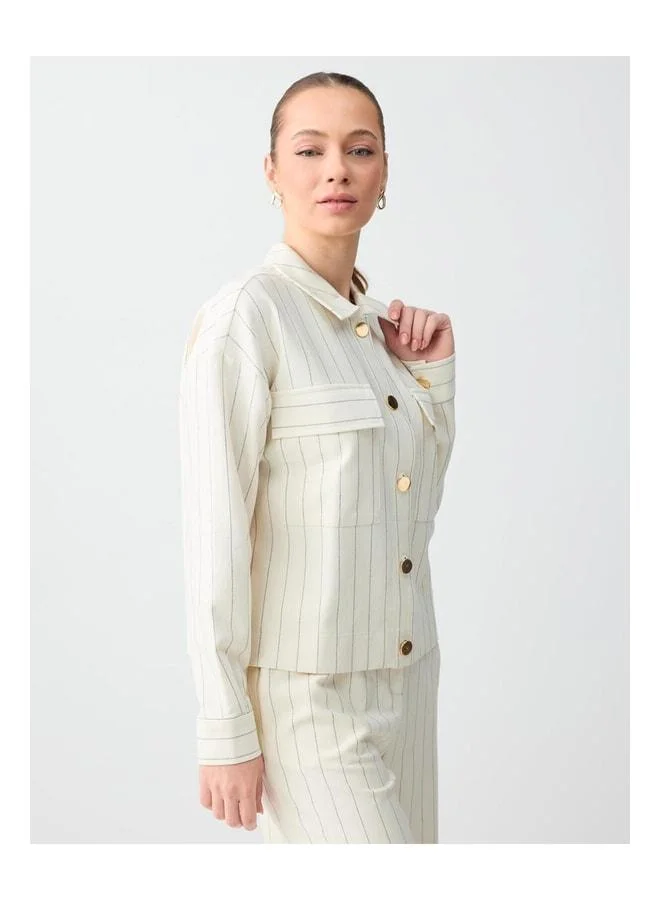 Jimmy Key Ecru Striped Pattern Shiny Button Detailed Knit Jacket.