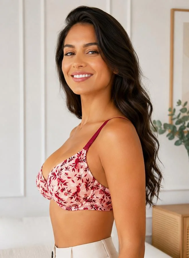 Clovia  Pink Floral Print Padded Full Coverage Multiway T-shirt Bra for Women | Best Price UAE