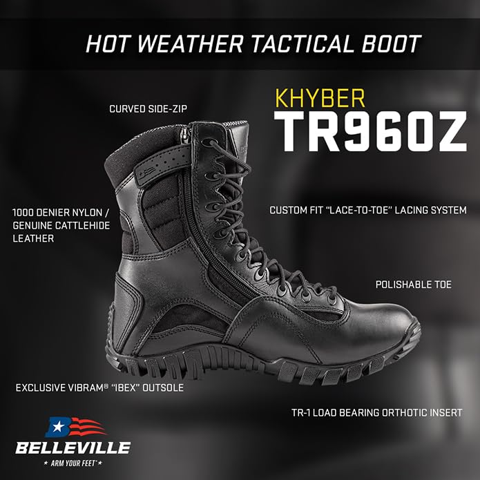 Belleville Khyber TR960Z 8" Lightweight Black Tactical Boots for Men with Zipper - Designed for Police, EMS, and Security Personnel with Vibram Ibex Traction Outsole - 10 - Image 5